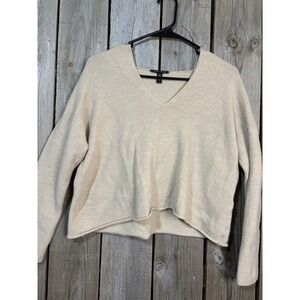 Eileen Fisher S Hooded Cropped Sweater 100% Superfine Merino Wool V Neck Beige